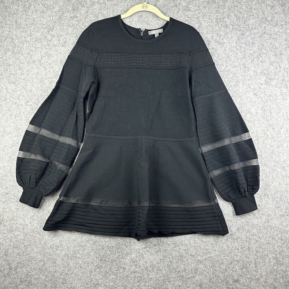 Lela Rose Dress Womens L Black Luxe Knit Sheer Balloon Sleeve Mini Flare Zip